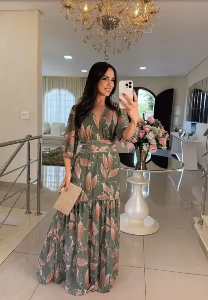 Design Floral Print V-Neck Tiered Maxi Dress in Olive Green and Pink - 7