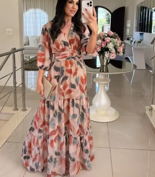 Design Floral Print V-Neck Tiered Maxi Dress in Olive Green and Pink - 9