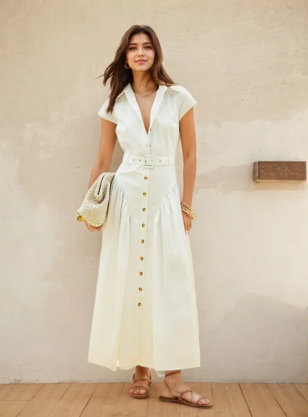 Bottega Veneta Shirt Dress in Off-White with Gold Buttons and Woven Clutch - 1