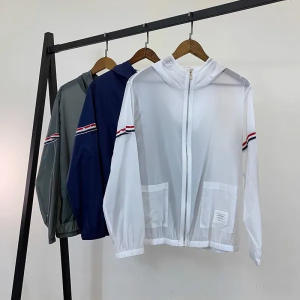 Thom Browne Windbreaker Navy Blue with Red-White-Blue Stripe Sleeve Detail Outerwear - 6