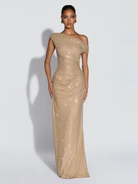 Design Off-Shoulder Sequin Ruched Midi Dress Beige - 12