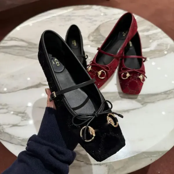 Gucci GG Marmont Velvet Mary Janes Black and Burgundy Casual Shoes - 1