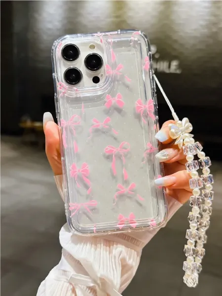 Design Clear Bow-Print Phone Case with Pearl Crystal Strap Pink Transparent Phone Case - 8
