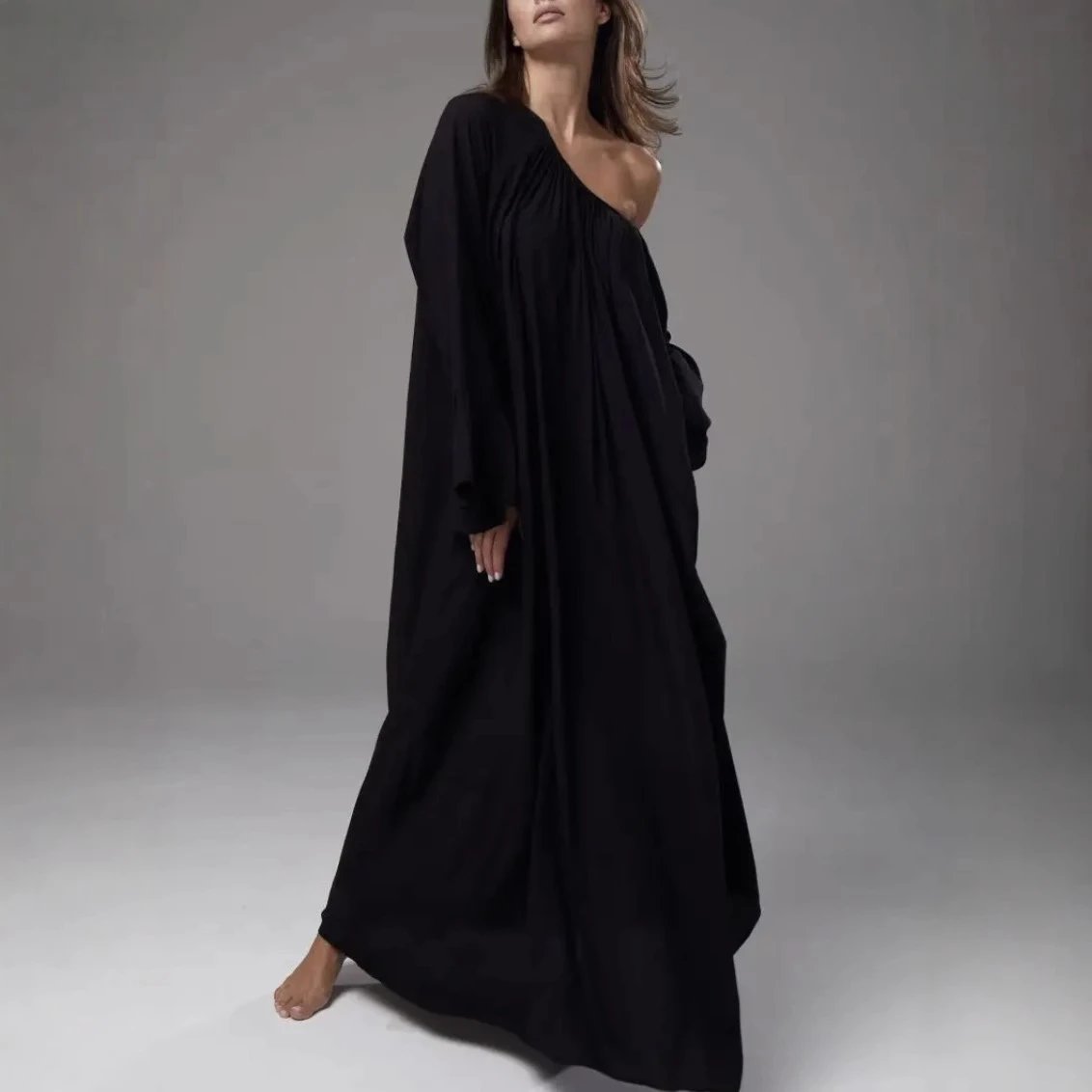 Design Asymmetrical Draped Maxi Dress Black - 5
