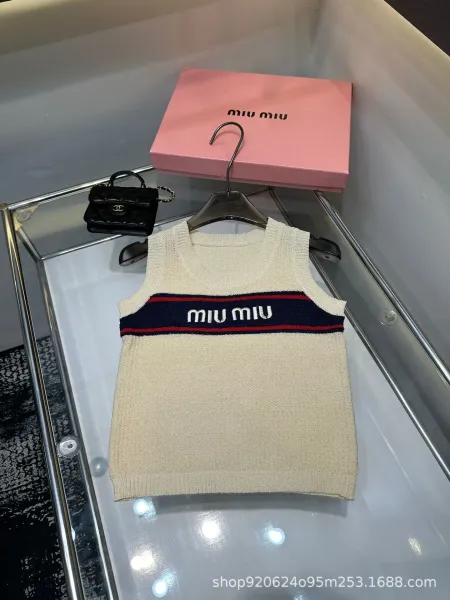 Miu Miu Logo-Striped Knit Vest Top Navy - 3