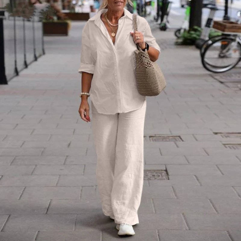 Design Linen Shirt and Pants Set Light Blue Casual Set - 4