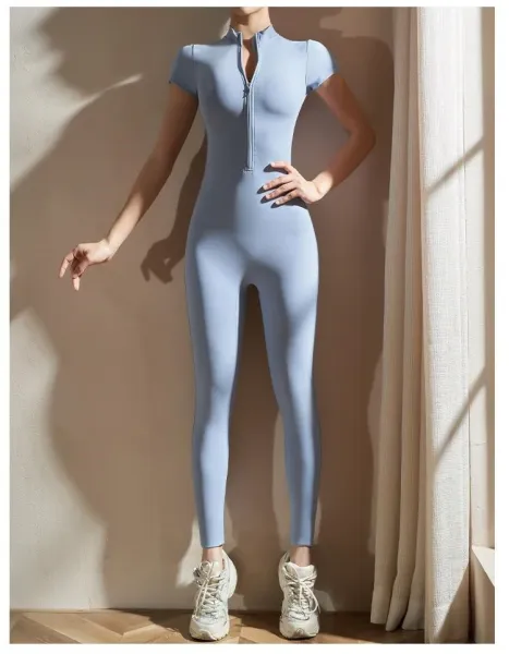 Design Zip-Front High-Neck Bodysuit Gray Activewear - 22