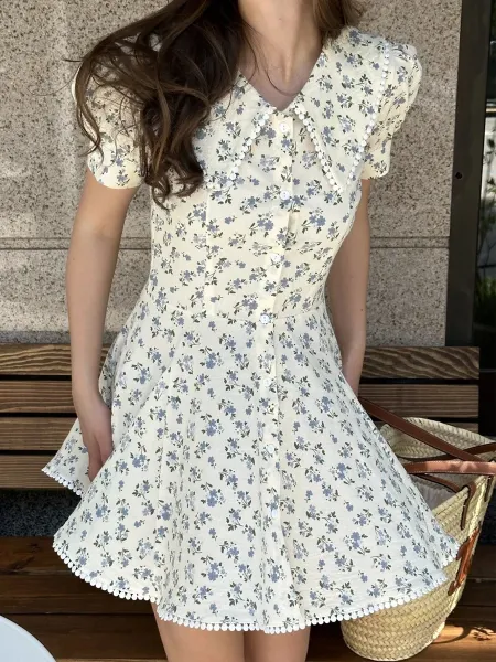 Design Floral Peter Pan Collar Dress with Pompom Trim Beige Blue Casual Dress - 5