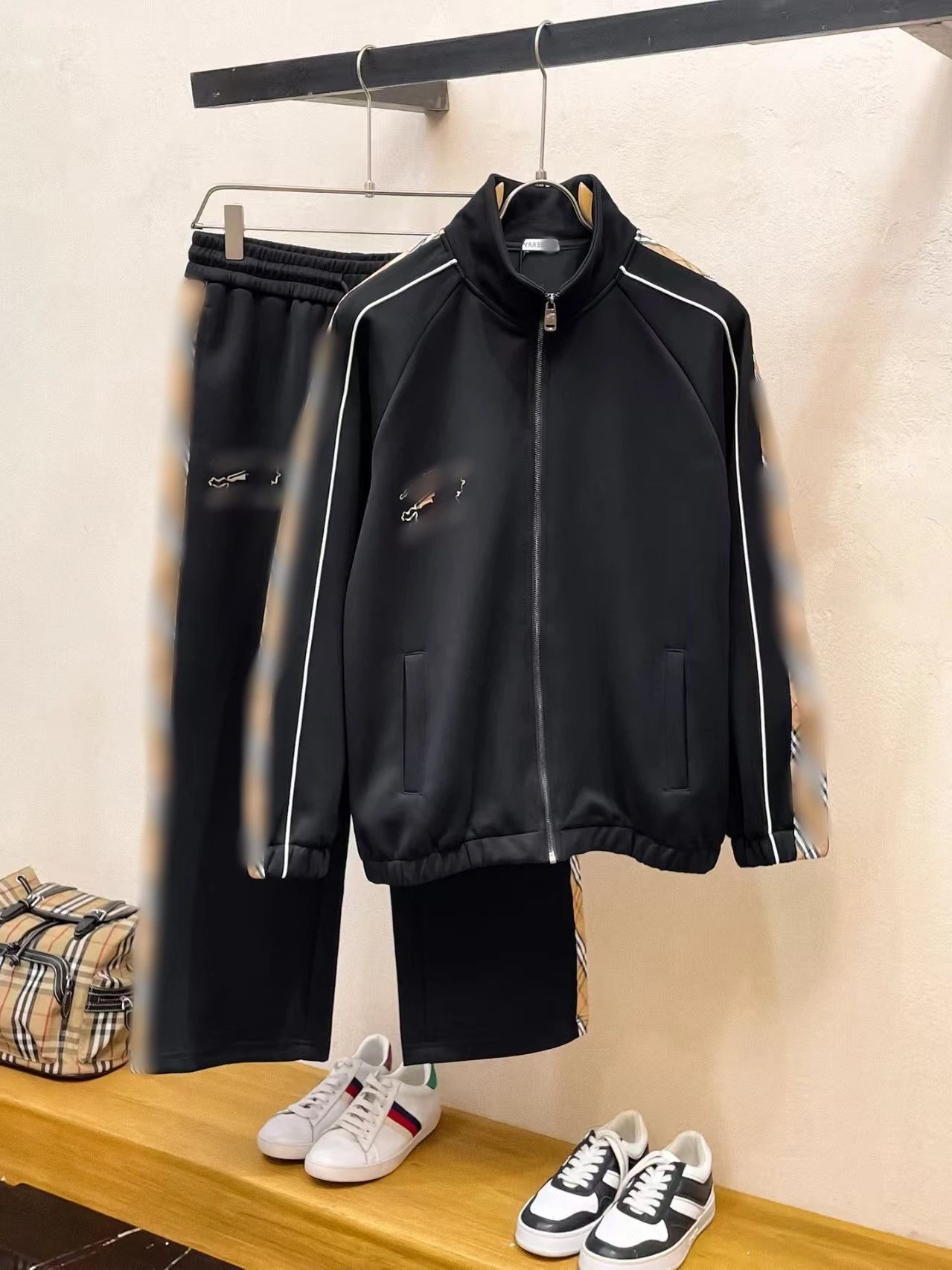 Burberry Check-Trimmed Black Tracksuit with Embroidered Logo Jacket and Sweatpants