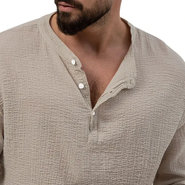 Design Linen-Blend Henley Set Beige Casual Set - 33