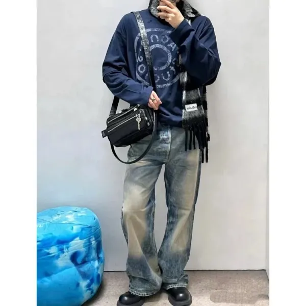 Acne Studios Distressed Logo Print Long-Sleeve T-Shirt Navy - 5