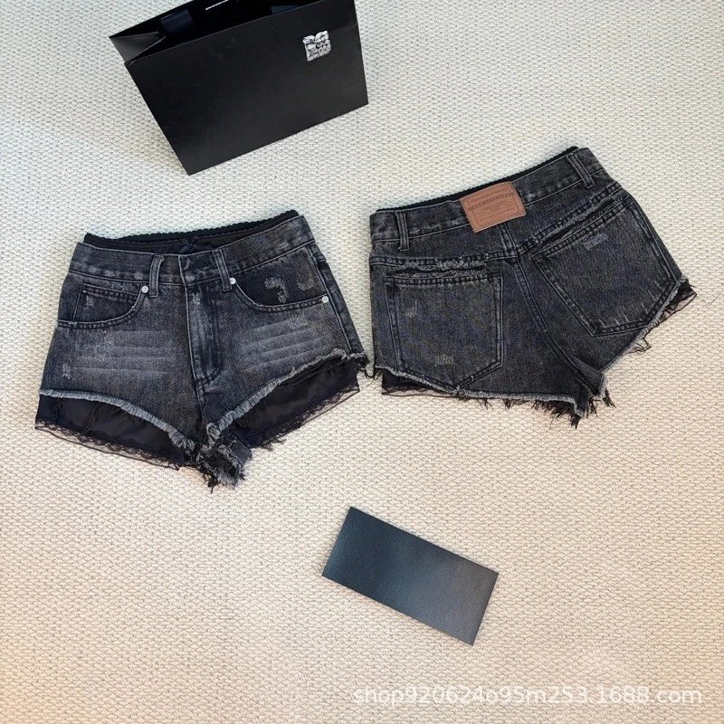 Design Distressed Frayed Hem Denim Shorts Black and Light Wash - 8