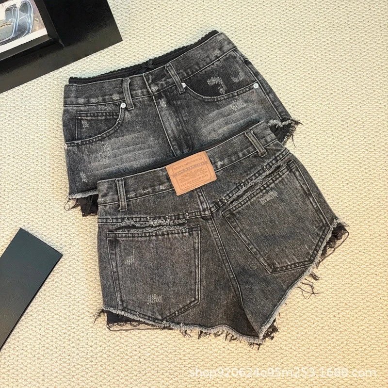 Denim Shorts Black Light Blue Distressed High-Waisted Frayed Hem