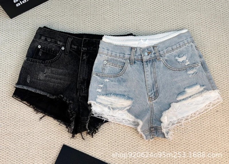 Design Distressed Frayed Hem Denim Shorts Black and Light Wash - 3