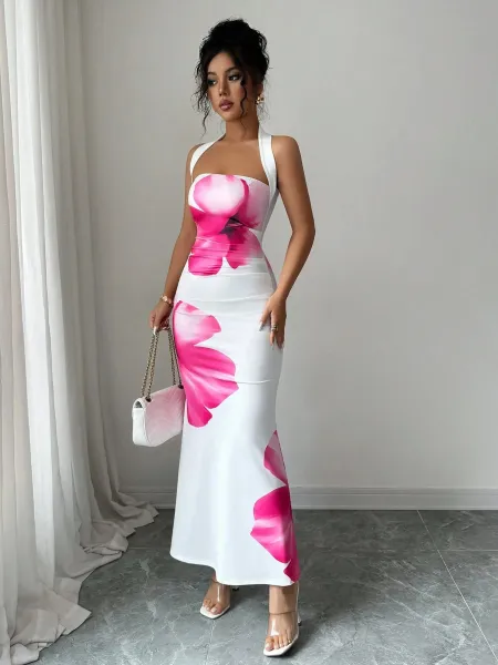 Design Floral Print Halter Neck Maxi Dress Beige Red - 20