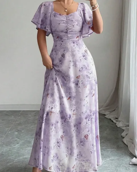 Design Floral Print Puff Sleeve Square Neck Maxi Dress - 15