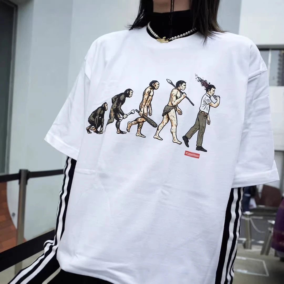 Cotton T-Shirt Black White Evolution Print Graphic Tee