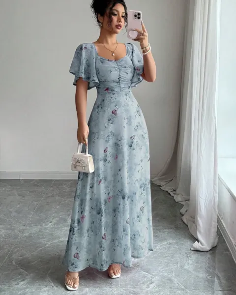 Design Floral Print Puff Sleeve Square Neck Maxi Dress - 24