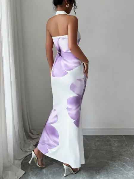 Design Floral Print Halter Neck Maxi Dress Beige Red - 24