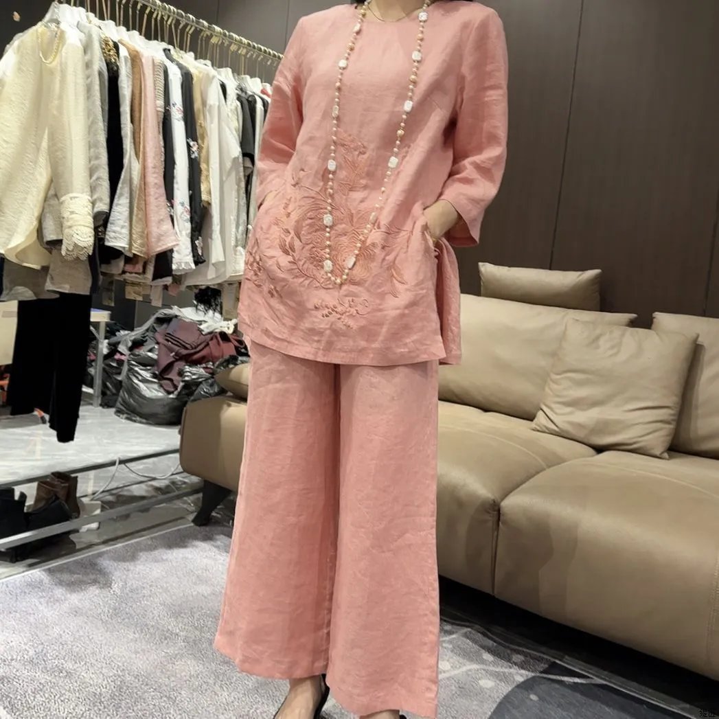 Design Embroidered Linen Set Pink Two-Piece Outfit - 4