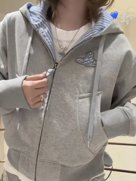 Vivienne Westwood Orb Logo Zip-Up Hoodie Gray - 3