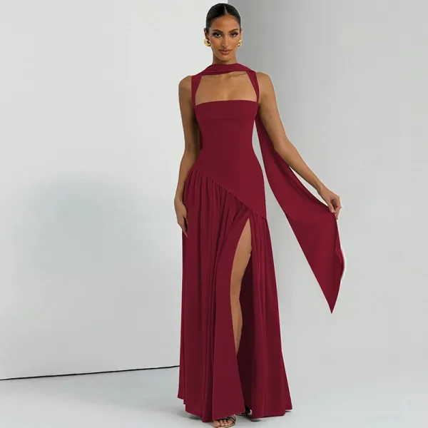 Design High-Neck Slit Gown Navy Formal Dress - 6