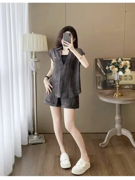 Design Linen-Blend Shirt Dress Set Gray - 8