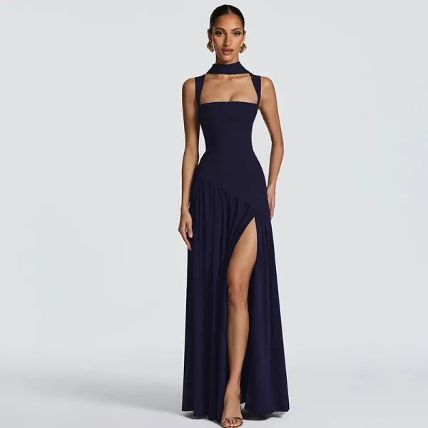 Design High-Neck Slit Gown Navy Formal Dress - 12