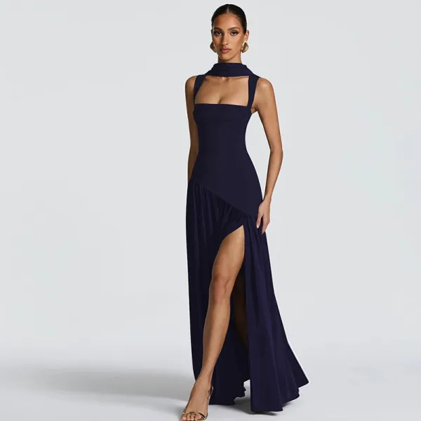 Design High-Neck Slit Gown Navy Formal Dress - 15
