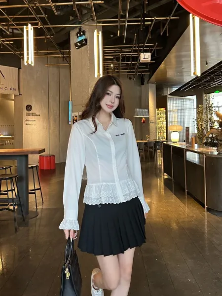 Miu Miu Embroidered Lace-Hem Shirt White - 5