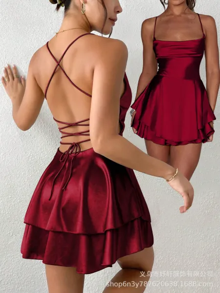Design Satin Slip Dress Black Women's Mini Dress - 30