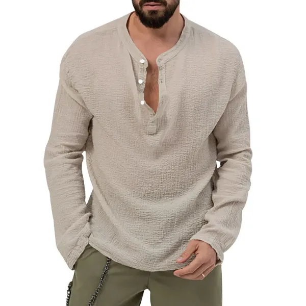 Design Linen-Blend Henley Set Beige Casual Set - 32
