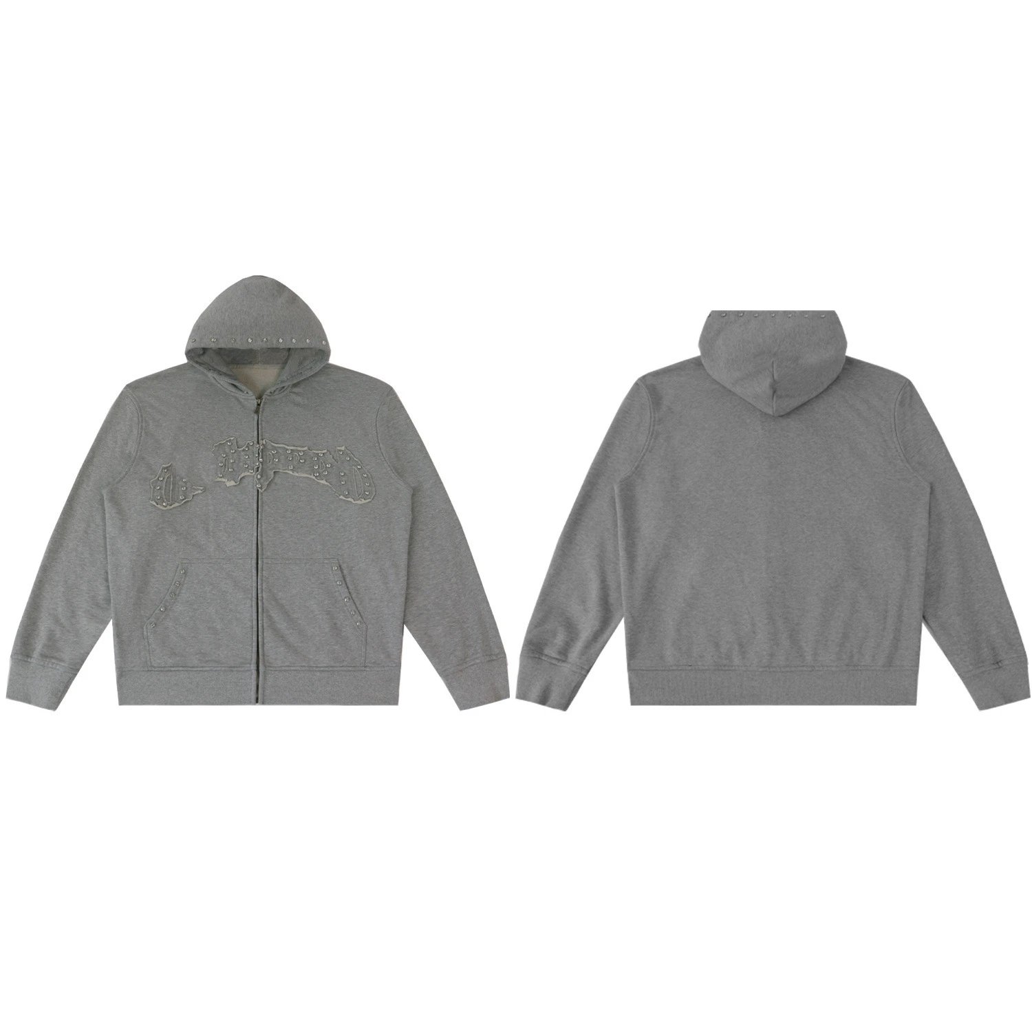 Design Studded Gun Motif Hoodie and Sweatpants Set Gray - 13