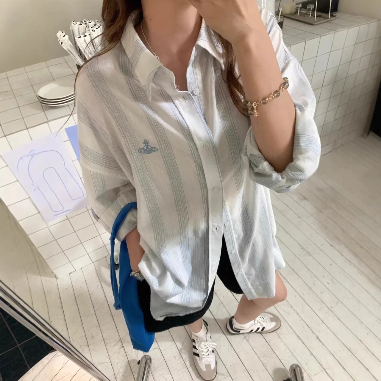 Vivienne Westwood Orb Embroidered White Blue Striped Oversized Shirt