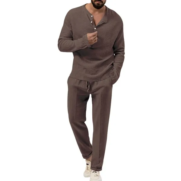 Design Linen-Blend Henley Set Beige Casual Set - 36