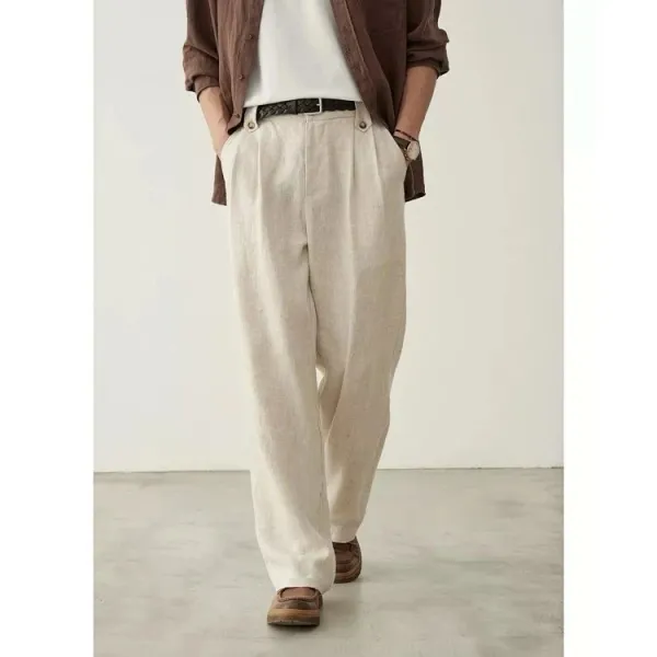 Design Wide-Leg Linen Blend Trousers Brown Pants - 7