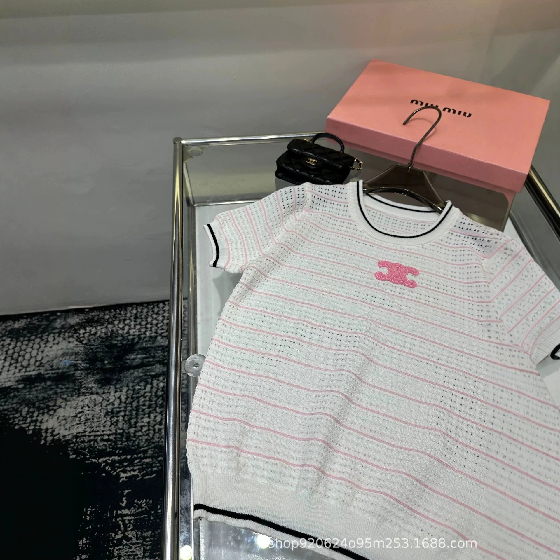 Miu Miu Knit Top White Pink Striped Logo Casual