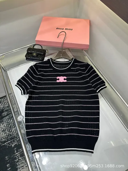 Chanel Pink CC Logo Striped Knit T-Shirt Black - 1