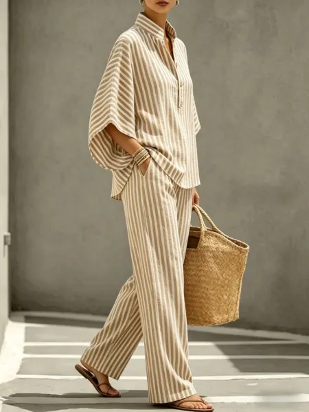 Design Striped Linen-Blend Shirt and Wide-Leg Pants Set Pink and White - 7