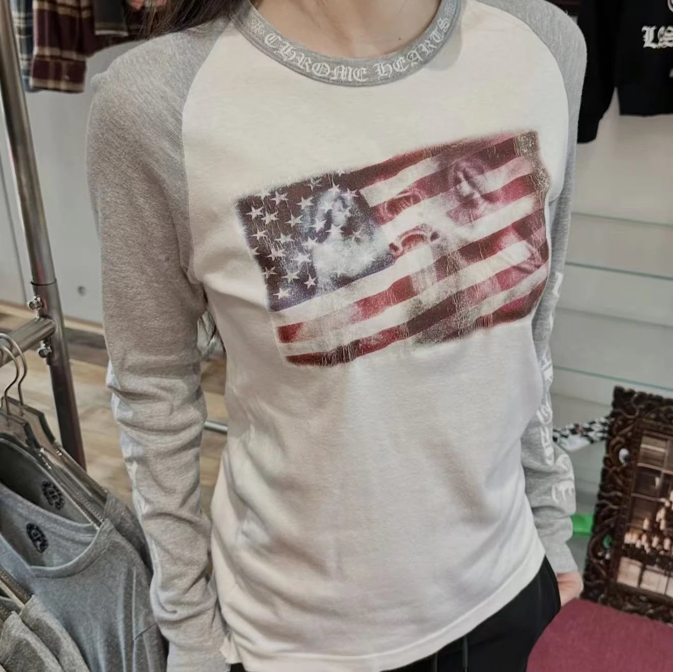 Chrome Hearts American Flag White Gray Raglan Long Sleeve T-Shirt