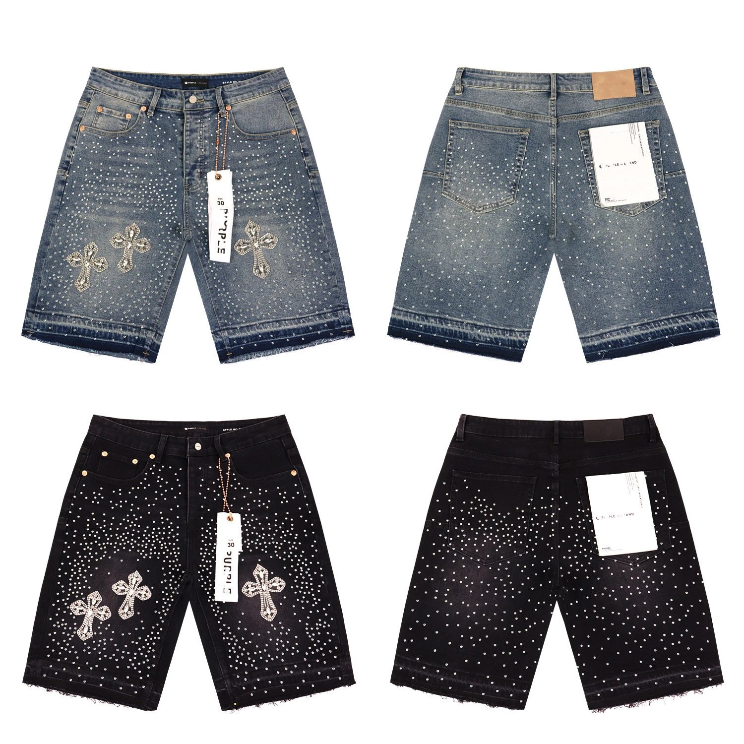 Distressed Denim Shorts with Rhinestones