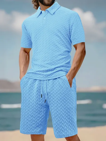 Design Textured Chevron Polo and Shorts Set White - 45