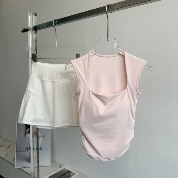 Design Square-Neck Sleeveless Top Beige + Pleated Skort Orange Activewear Set - 4