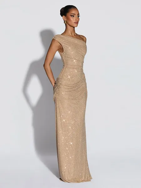 Design Off-Shoulder Sequin Ruched Midi Dress Beige - 11