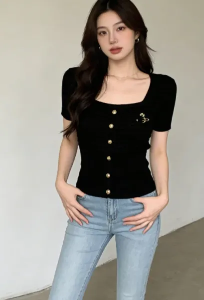 Design Knit Button-Front Top with Embroidered Detail White + Denim Mini Skirt Blue Sets - 5