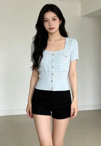 Design Knit Button-Front Top with Embroidered Detail White + Denim Mini Skirt Blue Sets - 6