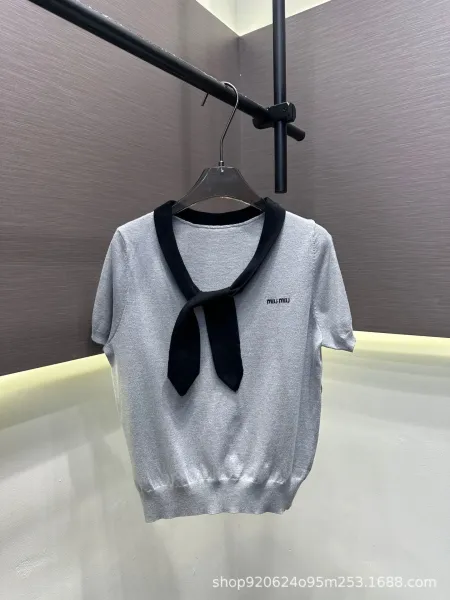 Miu Miu Knit Top with Detachable Bow Collar in Light Blue Sweater - 6
