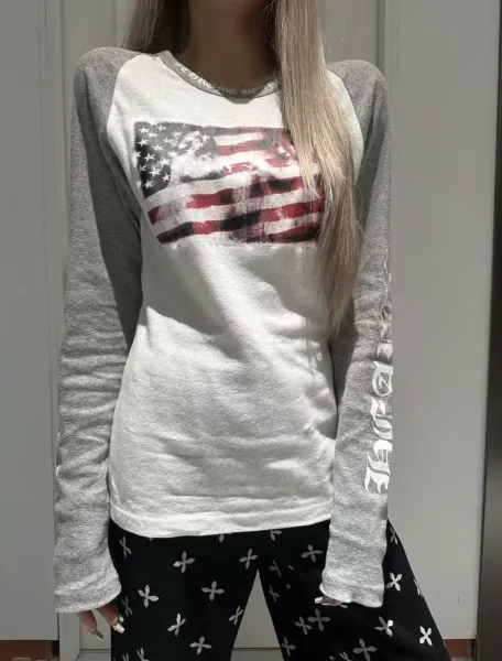 Chrome Hearts American Flag Raglan Long Sleeve T-Shirt White / Gray - 9