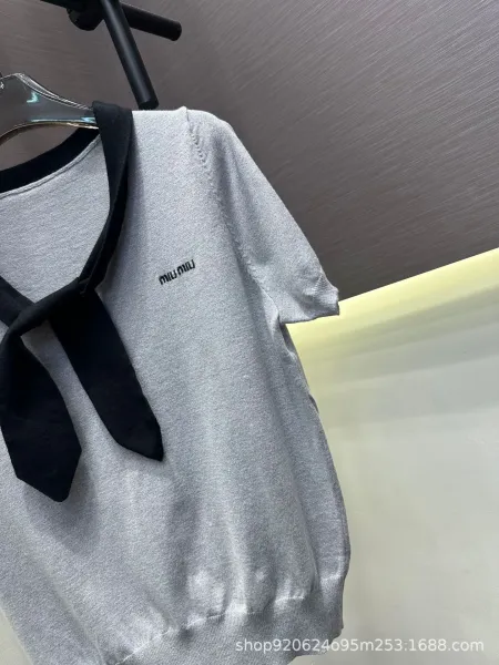 Miu Miu Knit Top with Detachable Bow Collar in Light Blue Sweater - 7