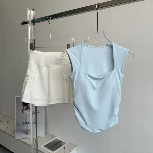 Design Square-Neck Sleeveless Top Beige + Pleated Skort Orange Activewear Set - 9